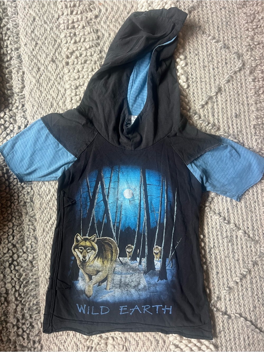 Kids Upcycled Black & Blue Hooded Wolves Forest Moon Graphic Tee - Wild Earth